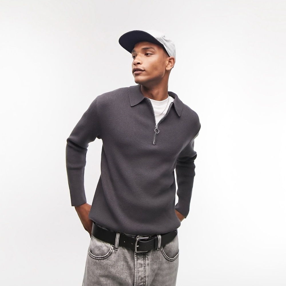 Topman knitted rib polo in charcoal